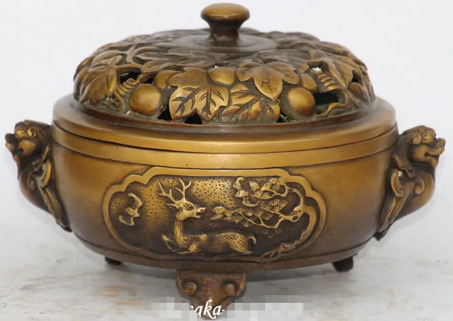 

9" China Pure Bronze Bat Beast Deer Bottle Gourd Incense Burner Censer Incensory