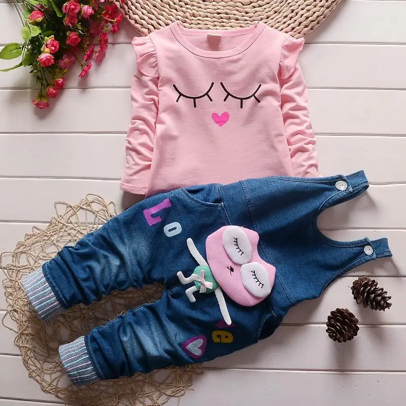 Girls spring autumn fashion long sleeve suit t shirt denim overalls pants baby girls clothing baby