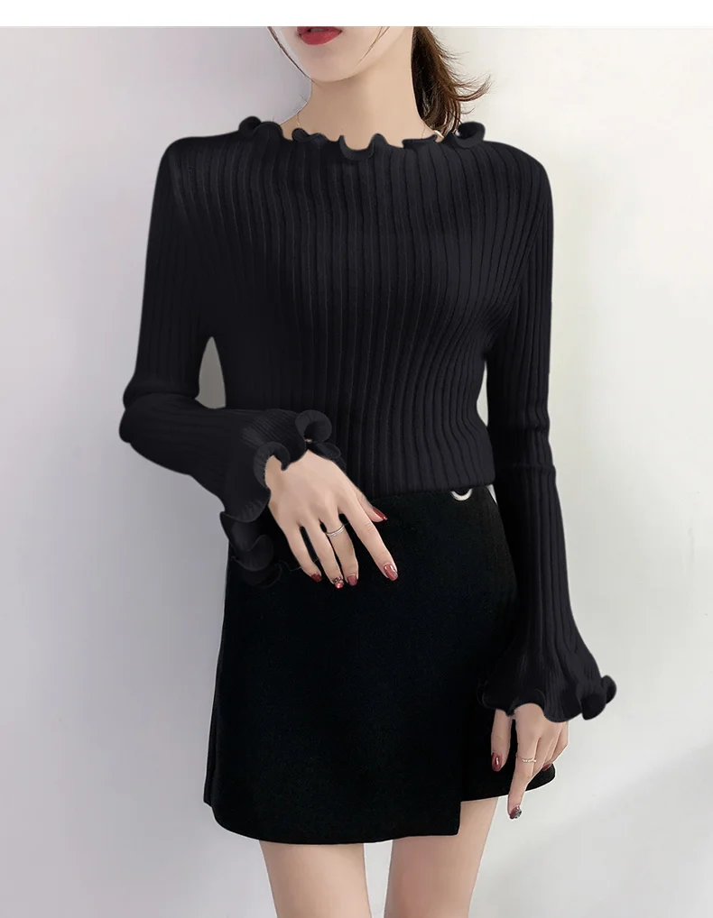 Wysokiej jakości jesień zima sweter kobiety swetry moda damska solidna Ruffles pełna Flare rękawem swetry z długim rękawem dla kobiet 2018 -