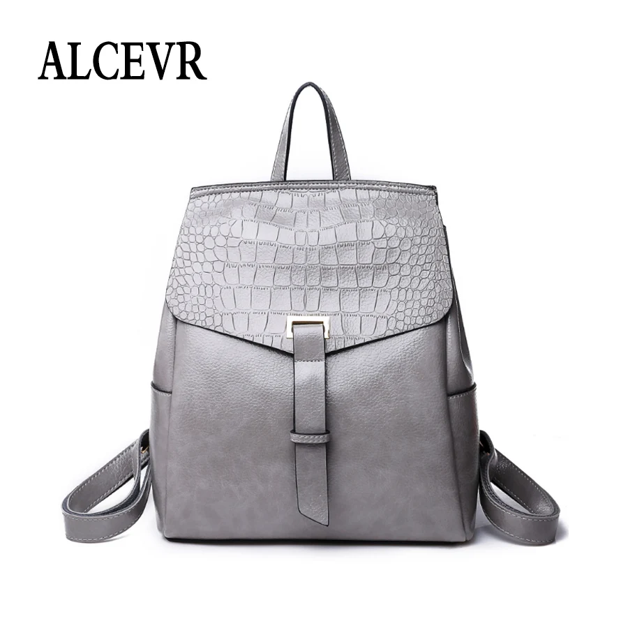 

ALCEVR Preppy Style Backpack For Girls Alligator Cover & Zipper Soft Pu Leather Backpack Solid Color School Bags All-match Bag