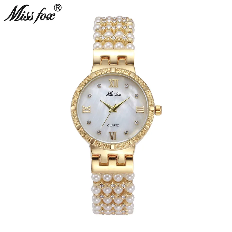 

Miss Fox Hot Nature Pearl Watch Women Rhinestone Dress Women Gold Watch Fashion Diamond Pearl Chain Band Women Girl Golden Clock