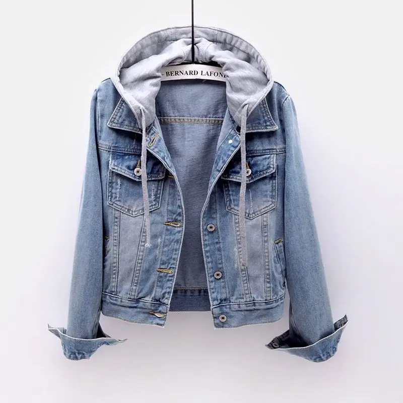 Hoodie Denim Jacket Women Button Basical Full Sleeves Slim Casual Plus ...