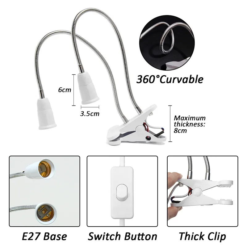 30 см 360 градусов гибкий светильник держатель Двойные головки зажим с удлинителем для переключателя лампа держатель Разъем для светодиодный Grow светильник E27
