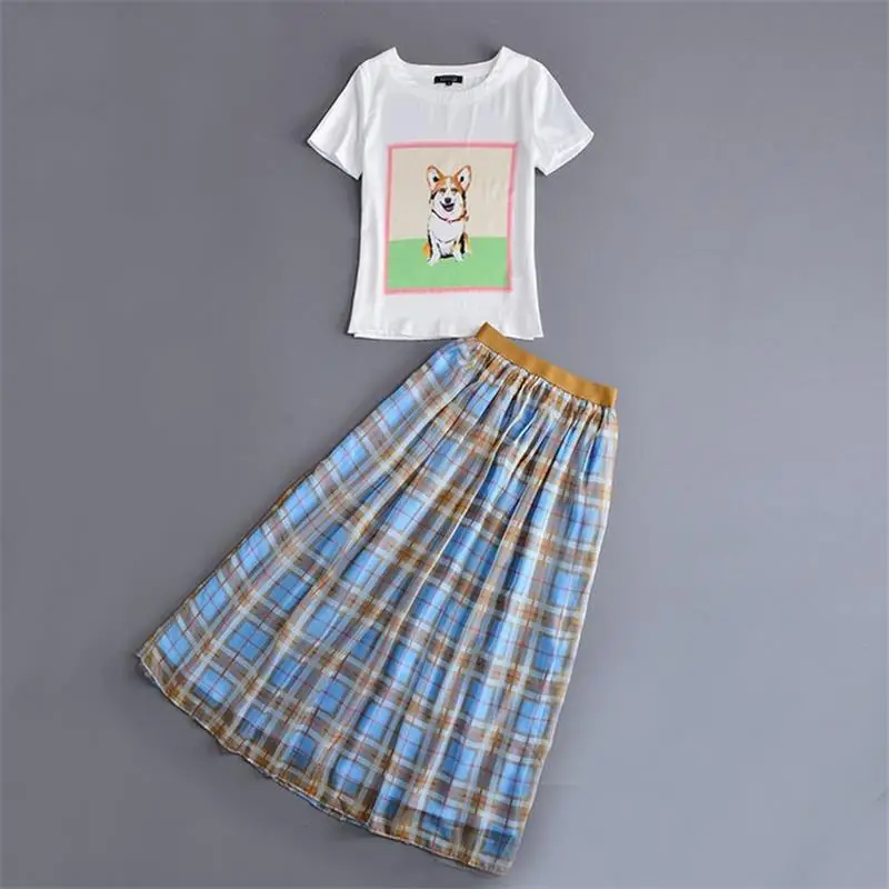 

Women Clothes Set 2018 High Quality Spring Summer Runway Sets Short Sleeve Printed Top T-Shirt + Plaid Skirt DX0604