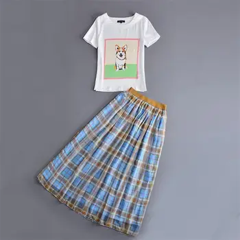 

Women Clothes Set 2018 High Quality Spring Summer Runway Sets Short Sleeve Printed Top T-Shirt + Plaid Skirt DX0604