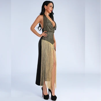

2019 New Fashion Black With Gold Sleeveless Deep V Neck Sexy Tassel backless Ankle-Length Bandage Dress Party Night Vestidos