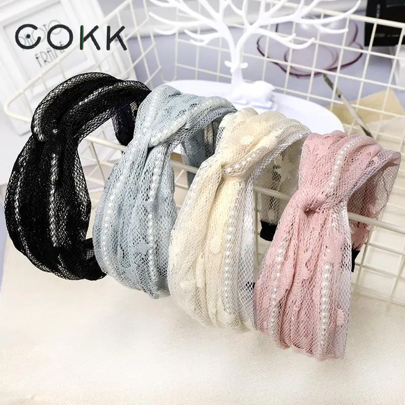 

COKK Lace Mesh Hairbands Women Fashion Flower Pearl Beads Headband Top Hair Accessories 2019 New Headwear Hair Band Hoop Wide