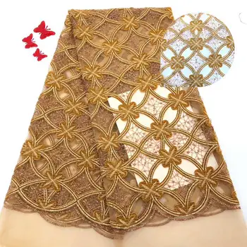 

Golden lace fabric nigerian net lace for wedding high quality beaded lace embroidered tulle lace wholesale 5yards/lot PLG-150