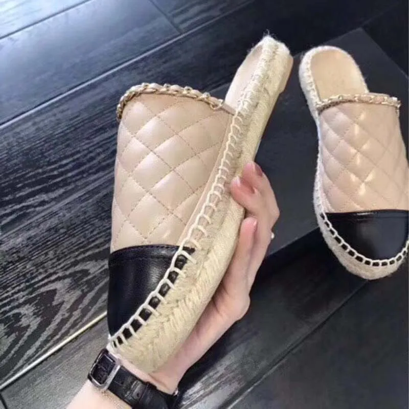 

luxury Quality Fashion famous famous brand Women Outdoor Wear Half Slippers real leather Mules Half straw for fisherman's shoes