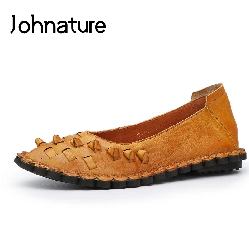 

Johnature 2019 New Spring/Summer Retro Solid Loafers Women Genuine Leather Shallow Slip-on Casual Round Toe Flat Ladies Shoes