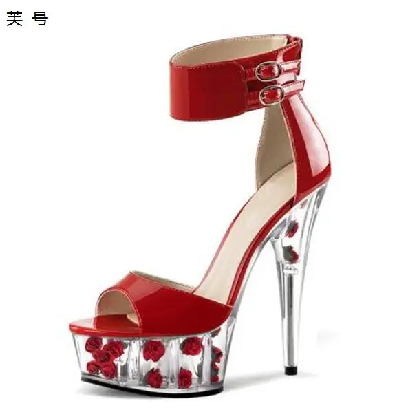 

New Female Shoes Sandals Crystal Shoes Red Rose Wedding Shoes Women Sexy UltraHigh Heels 15cm Fish Mouth Platform Sandals Women
