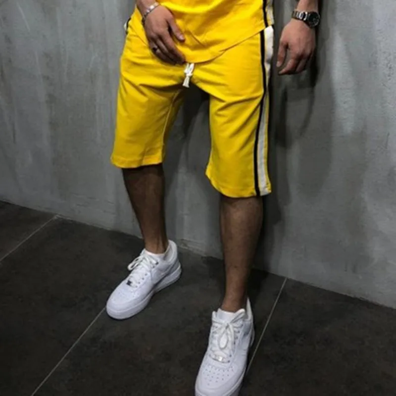 Новые летние спортивные для бега тонкие мужские черные короткие брюки для бодибилдинга мужские полосатые брюки с 7 секциями горячие брюки - Цвет: yellow