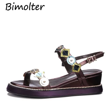

Bimolter Women Genuine Leather Sandals Fashion Women Flat Sandals Gril Summer Shoes Ladies Sandals Girls Floral White Shoes C091