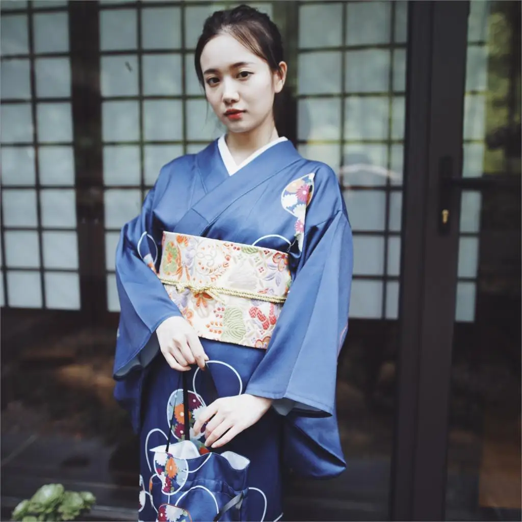 

2019 SELLWORLDER Japanese Kimono Style yukata retro Girl blue dress Woman floral print Long Dress with handbag