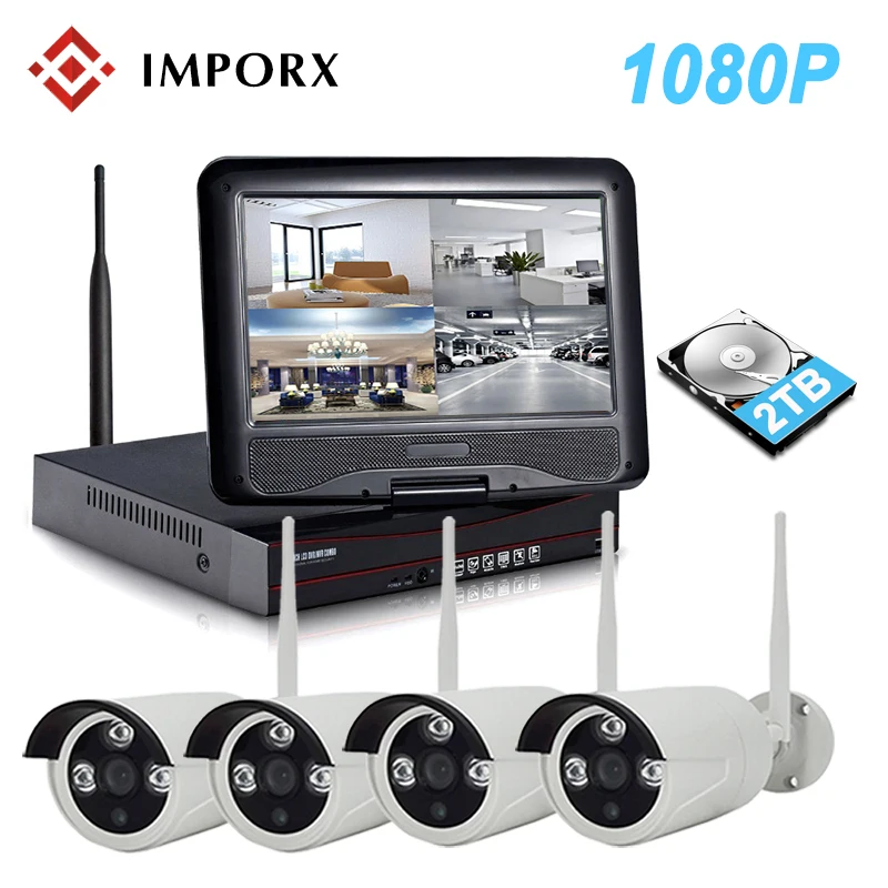 IMPORX Новый 2MP 4CH беспроводная камера видеонаблюдения система безопасности комплект с 10 дюймов ЖК-дисплей 1080 P HD домашнее наблюдение ip-камера