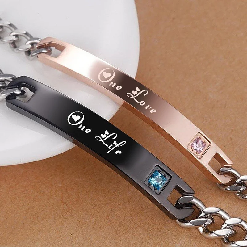 One Life One Love Couple Bracelets Stainless Steel CZ Bracelets for Women Men Perfect Gifts for Valentine's Day