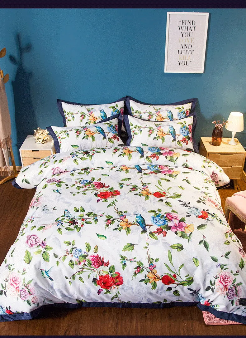 Country Style Bright Color Floral Leaf Bird Print Bedding Set Twin