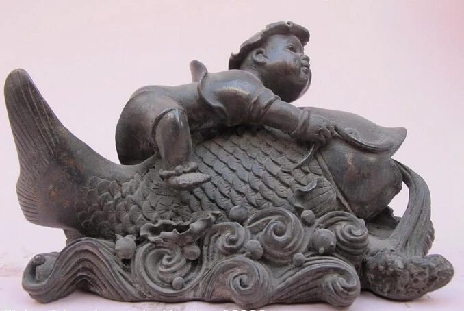 

shitou 002074 Tibet Classical 100% Pure Bronze Lucky the Boy ride on Fish Auspicious statue discount 30% (C0324)