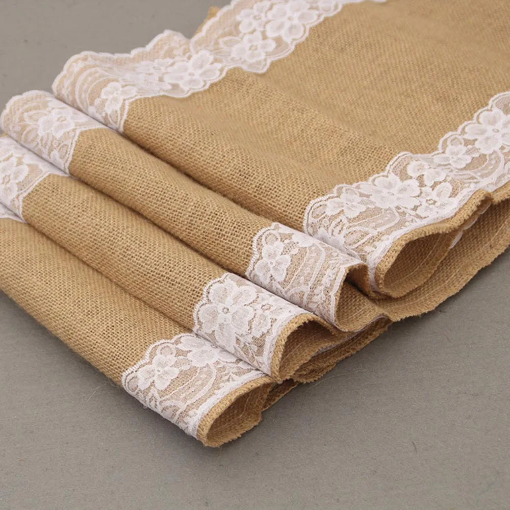1Piece Rectangle Linen Table Runner With Peony Embroidered White Lace
