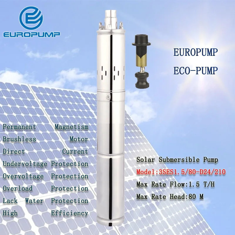 

Модель EUROPUMP (3SES1.5/80-D24/210) DC 24V бесколлекторный Солнечный водяной насос с максимальным потоком 1,5 т/ч, погружной насос для дома и сельского хозяйства