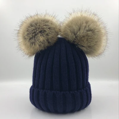 Теплые зимние шапки для маленьких мальчиков и девочек, большие размеры 15 см, помпон с искуственным мехом, детские вязаные шапки - Цвет: Black
