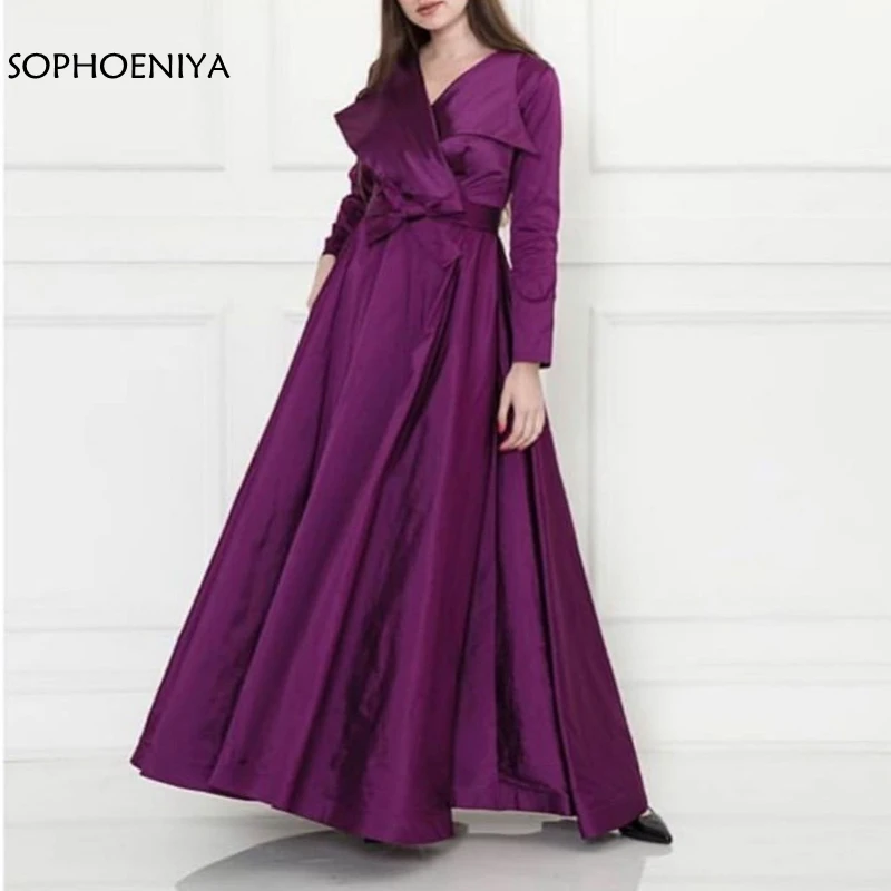 

New Arrival V Neck Long sleeve evening dresses Taffeta Simple evening gowns robe soiree long dress muslim evening dress