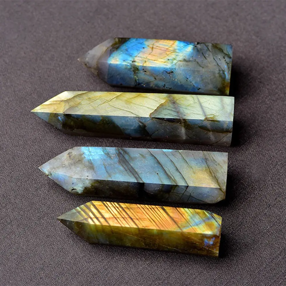 

1Pc Natural Labradorite Moonstone Quartz Crystal Natural Stone Rhinestone Point Healing Hexagonal Wand Home Decoration