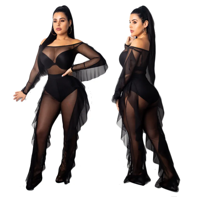 

2PCS/SET 2019 Mesh Beach cover ups and top and Long pants beach set Sexy see through Black cover up set beach wear