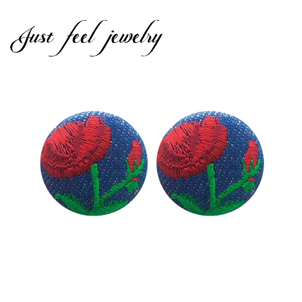 

JUST FEEL Fashion Rose Flower Embroidery Cloth Statement Earrings Button Hand Stitching Round Winter Stud Earring Jewelry Gift