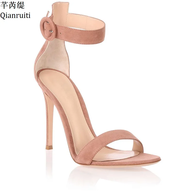 Qianruiti/Женская обувь телесного и розового цвета из искусственной замши на шпильках женские босоножки на высоком каблуке с открытым носком летние женские туфли-лодочки с пряжкой на щиколотке