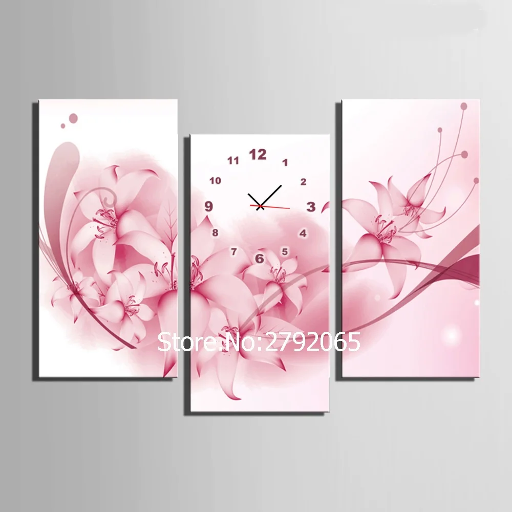 

Free Shipping Art Print Pink Flowers Clock in Canvas 3pcs wall clock