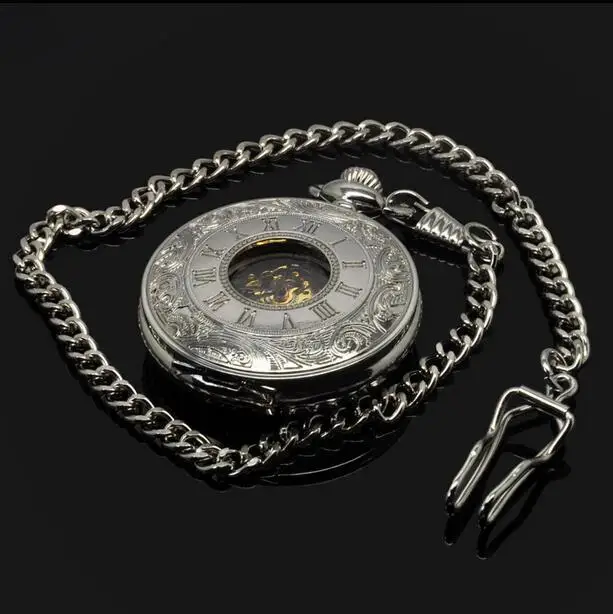 

2020 steampunk Manual mechanical silver Roman hollow out Flip clock cowboy chain pocket watches & watches