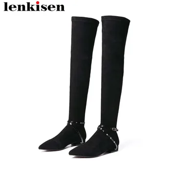 

Lenkisen pointed toe square low heels slip on buckle decoration high street fashion runway streetwear women thigh high boots L50