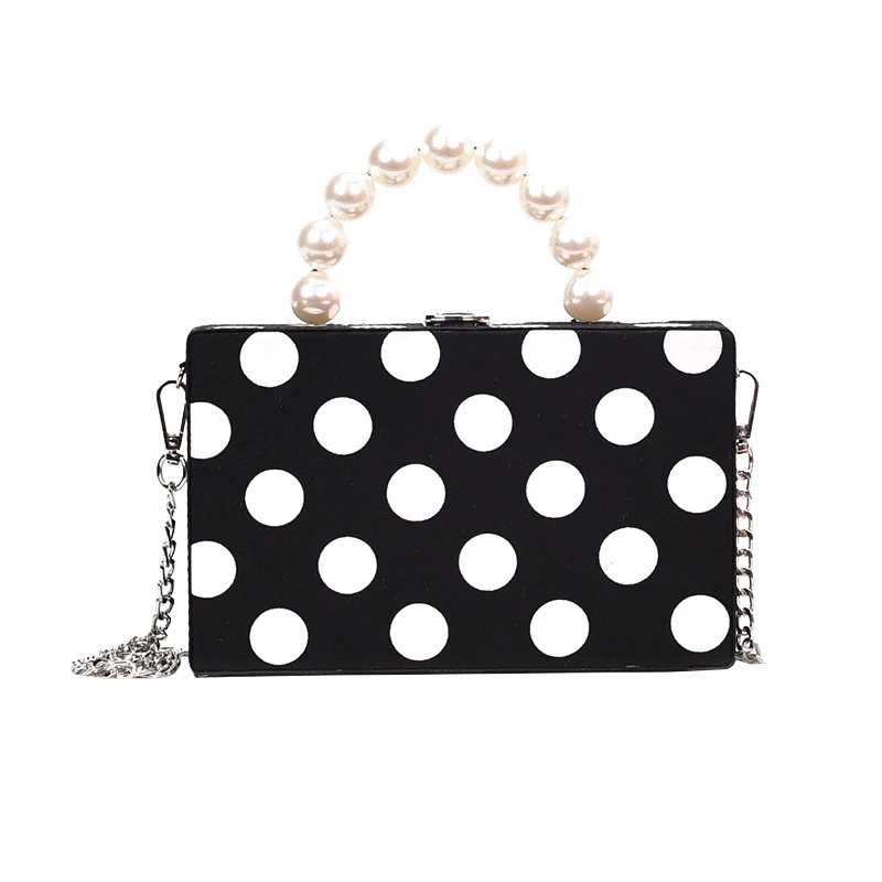 Vintage Wave Dot Pattern Pearl Handle Fashion Box Design Women&#39;s Party Clutch Bag Handbag Chain ...