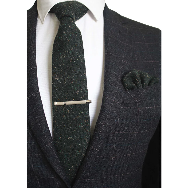  GUSLESON 8cm Wool Tie Solid Plaid Necktie For Men Quality Cravats Cashmere Tie and Handkerchief Set