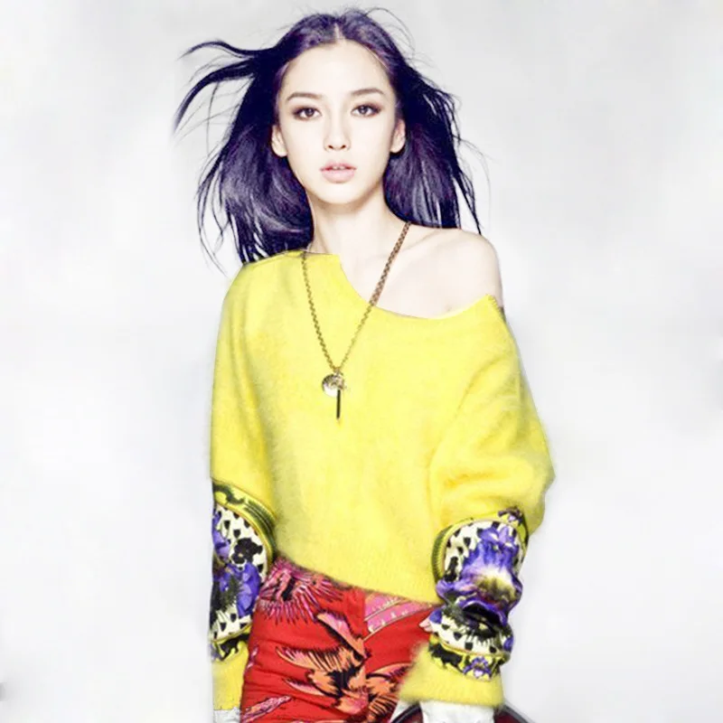 

Yang Ying's New Spring 2019 Circular Collar Sticker Printed Long-sleeved Mohair Pullover Sweater Women Pullovers O-Neck