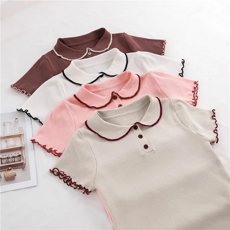

2019 summer new Korean polo collar sweater women's wooden ear short-sleeved shirt Slim shirt tops