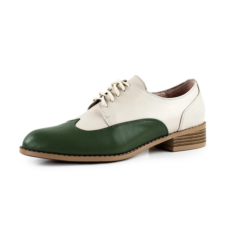 

Women Genuine Leather Oxford Shoes Woman Flats Brogue Lace Up Round Toe Green Brown Mix Color 2019 New Fashion Free Shipping