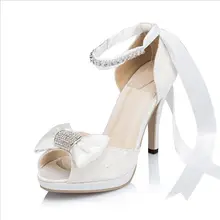 New Hot Selling Women Lace Satin Shoes White Ivory Bowtie Sandals For Weddings Lace UP Bridal Shoes High Heels JYG117