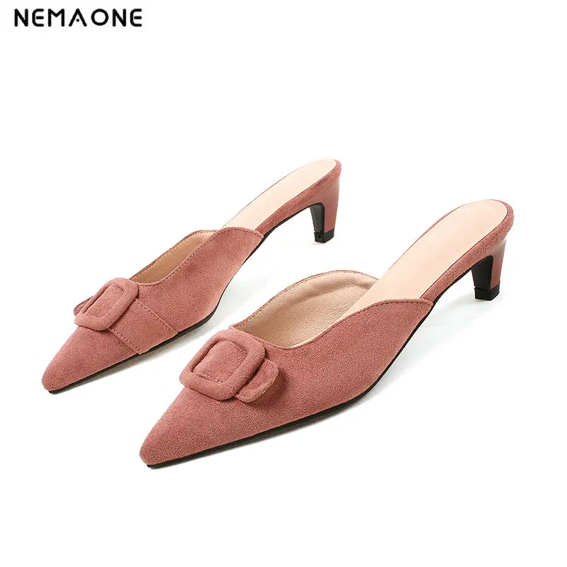 

Nemaone High Heels Slippers Woman Pointed Toe Footwear Fashion Buckle Slides Shoes Female Mules Shoes Women Summer Plus Size 48