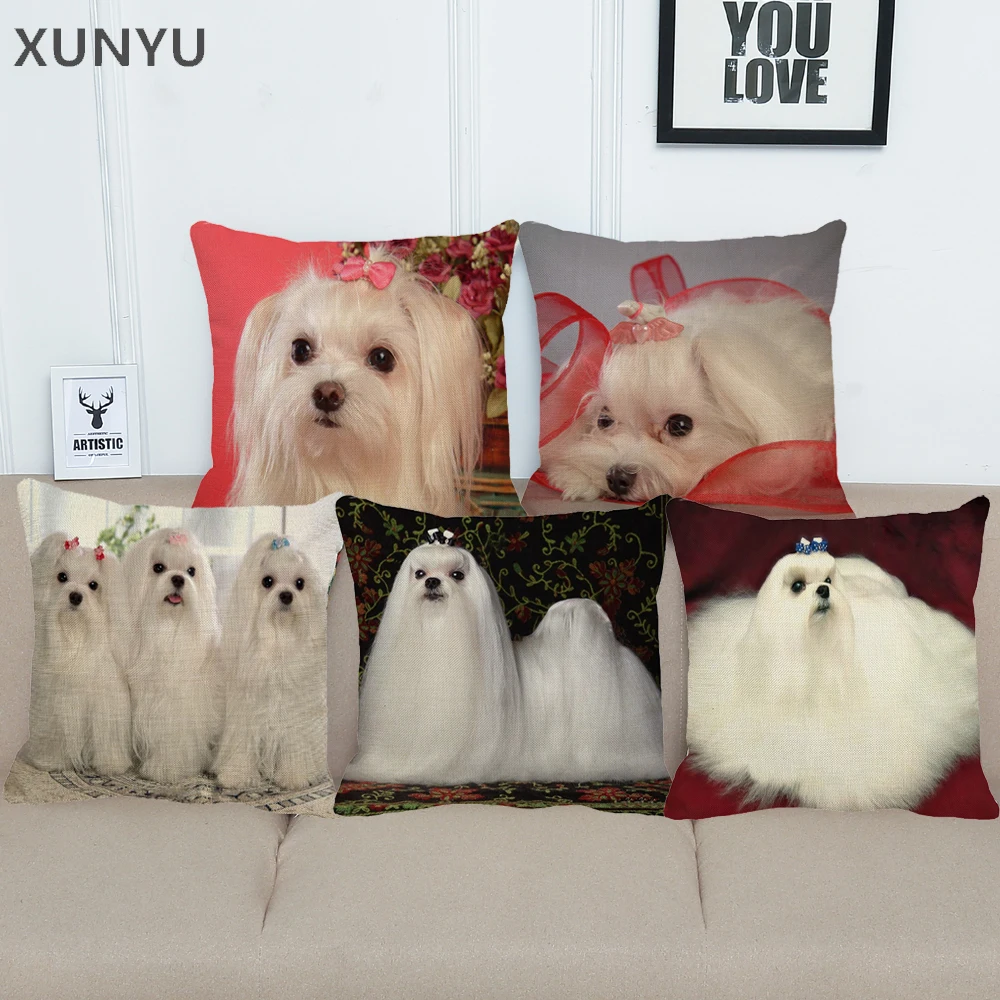 XUNYU 45x45 см, милый льняной чехол для подушки с изображением мальтийской собаки, декоративная наволочка для подушки, для дома, дивана, квадратная наволочка BZ173