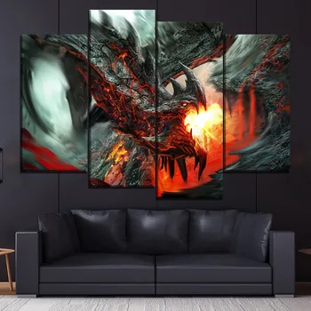 

Prints Posters Home Decorative Canvas Paintings 4 Panel Fire Dragon Fantasy Wall Artwork Modern Girl Bedroom Modular Pictures