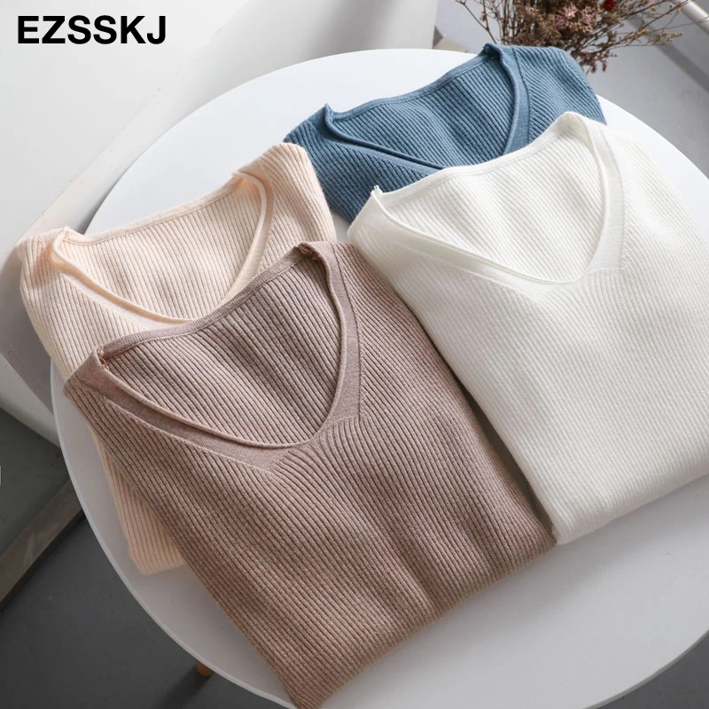 

2019 new Spring Autumn V Neck sweater Pullovers Women Slim basic Sweater Elastic soft Jumpers female women sweater