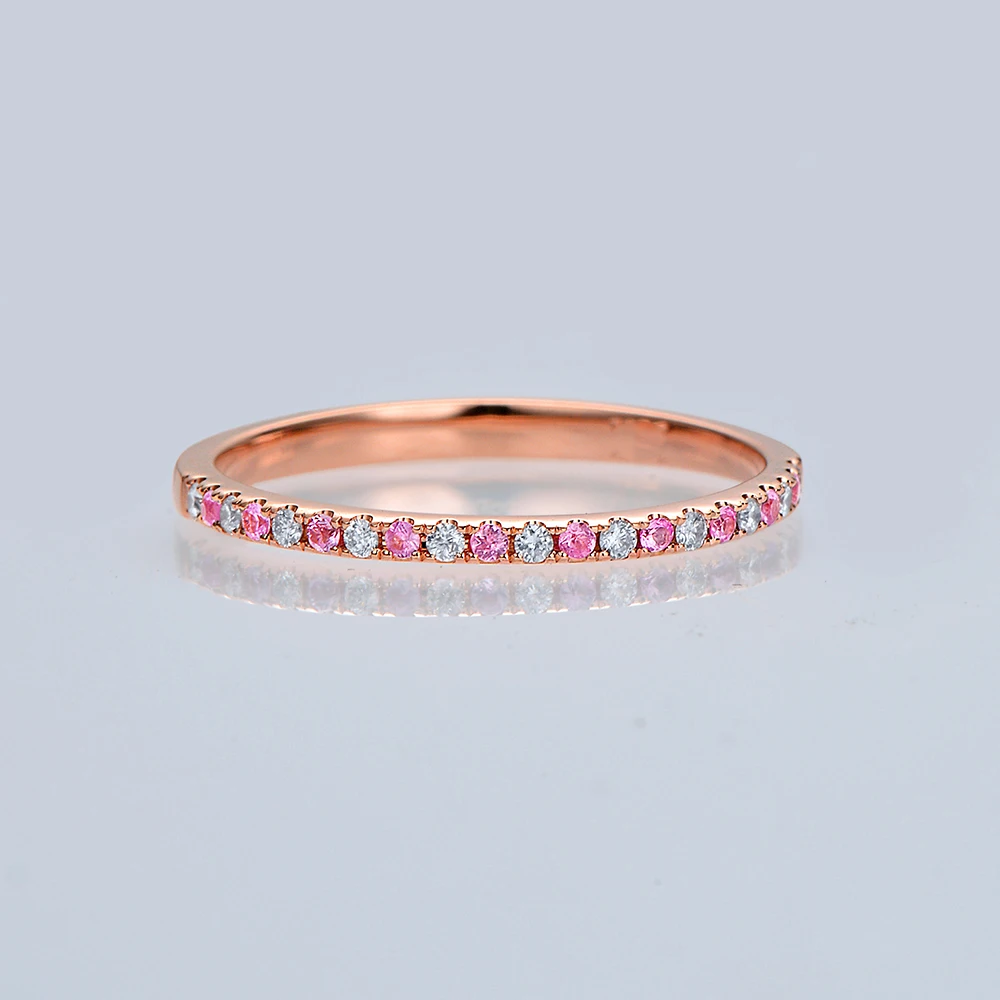 Caimao Half Eternity 14K Rose Gold Natural Diamond Pink Sapphire Engagement Wedding Band