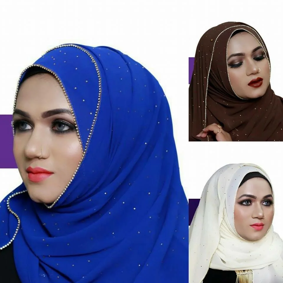 2022 Plain Pearl Bubble Chiffon Gold Diamond Glitter Instant Hijab Shawl Lady Wraps and Scarves Headband Arab Maxi Muslim Sjaal