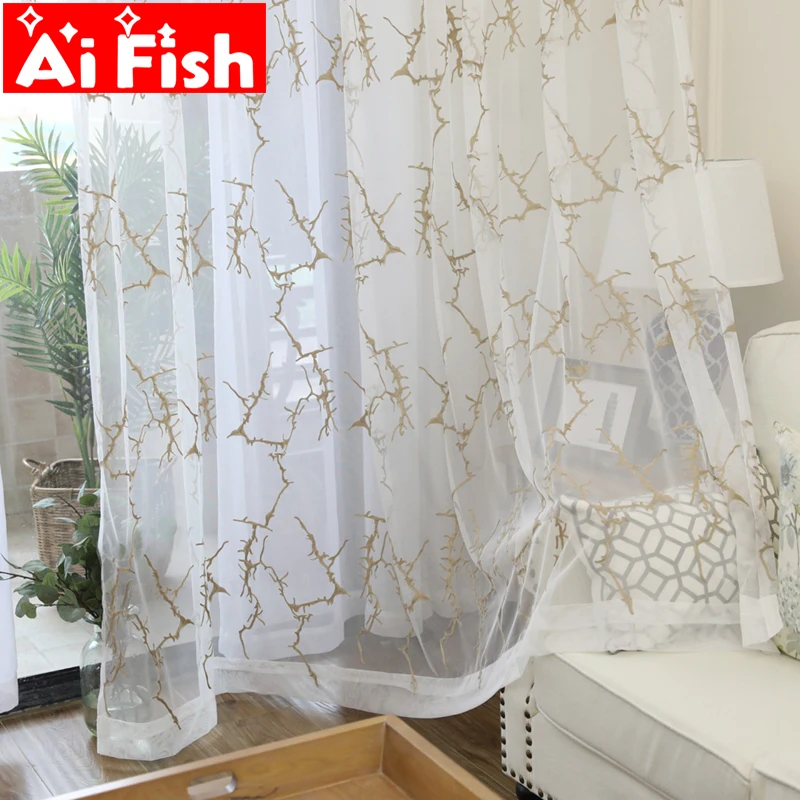 

White Tree Branches Simple Pastoral Tulle Sheer American Coffee Cotton Embroidery Screen Voile Curtains For Living Room AP084-40