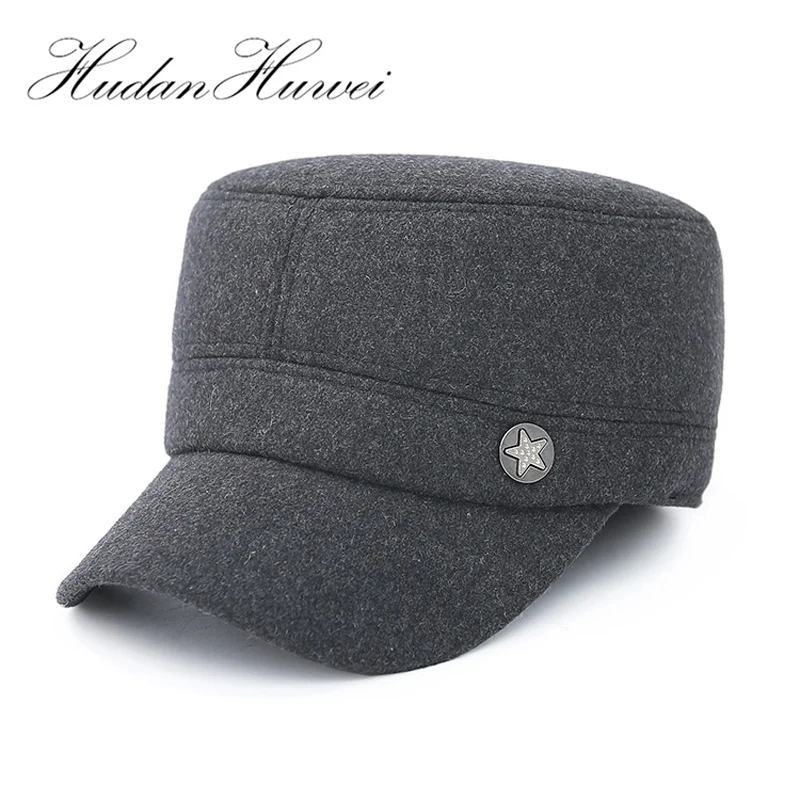 

Men Woolen Felt Military hats Army Cap Plain Dad Hat Autumn Winter Copper Star Logo Thicken Keep Warm Flat Cap with Earmuffs