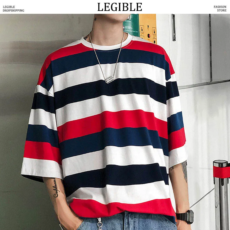 

Striped T-Shirt Men Summer Casual Loose Short Sleeve T Shirts Hip Hop Streetwear Tops Tees Male Tshirt 4XL 5XL