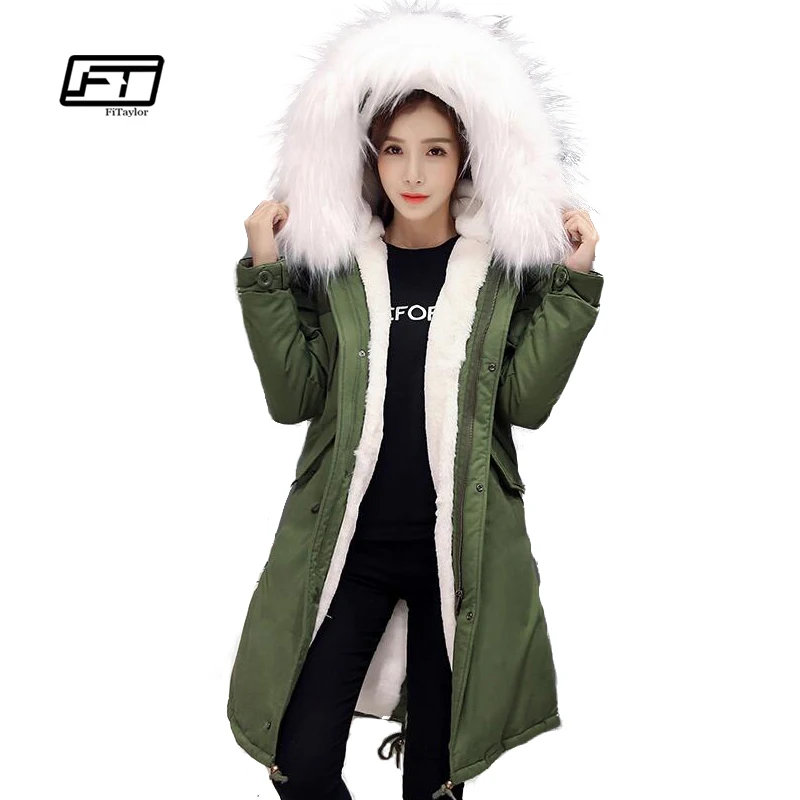 Image Fitaylor Winter Women Jacket Slim Duck Down Coat Large Fur Collar Warm Hooded Paraks Rabbit Fur Bladder Military Snow Outwear