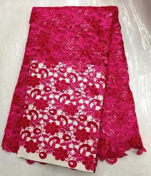 

Luxury European style fuchsia red guipure lace cloth with flower IW3-4 African polyester water soluble fafric for wedding dress